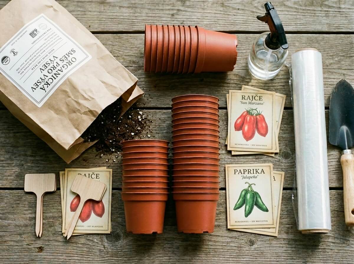 Pomůcky pro domácí výsev rajčat a paprik rozložené na stole.