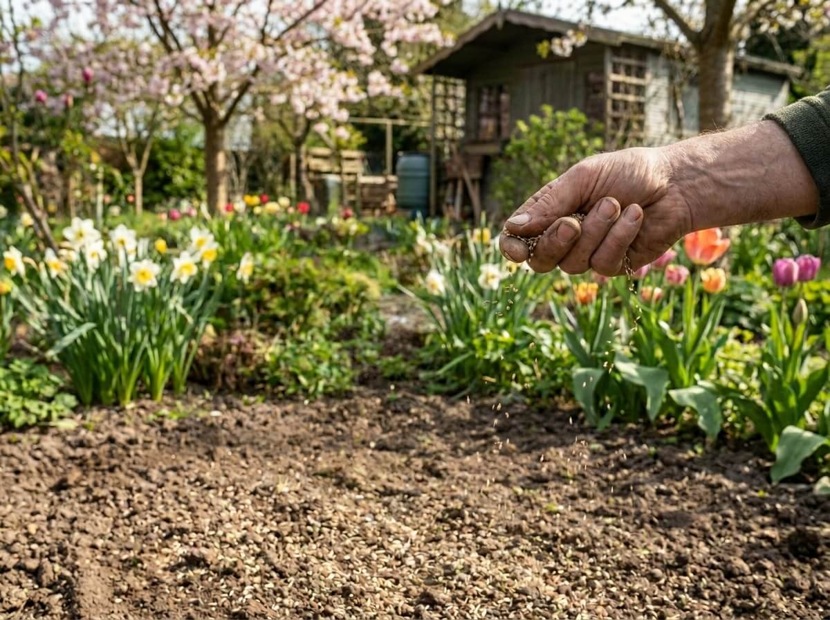 Rozsévání travního semene na prořídlé místo