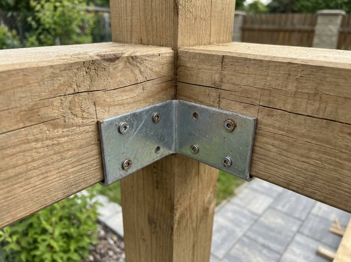 Detailní pohled na spojení dřevěného sloupu a průvlaku pomocí kovového úhelníku