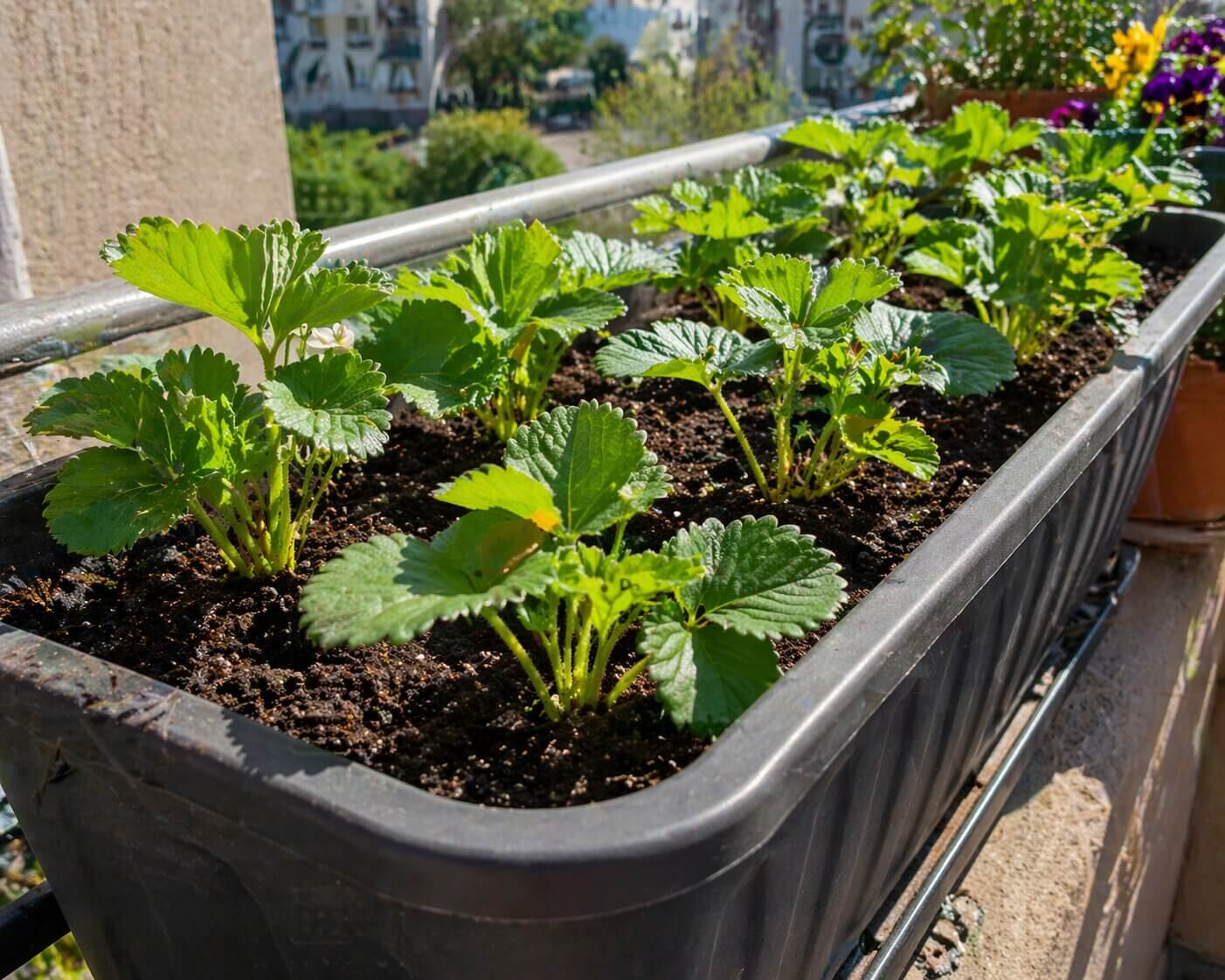 Jahody vysazené na jaře v balkonovém truhlíku