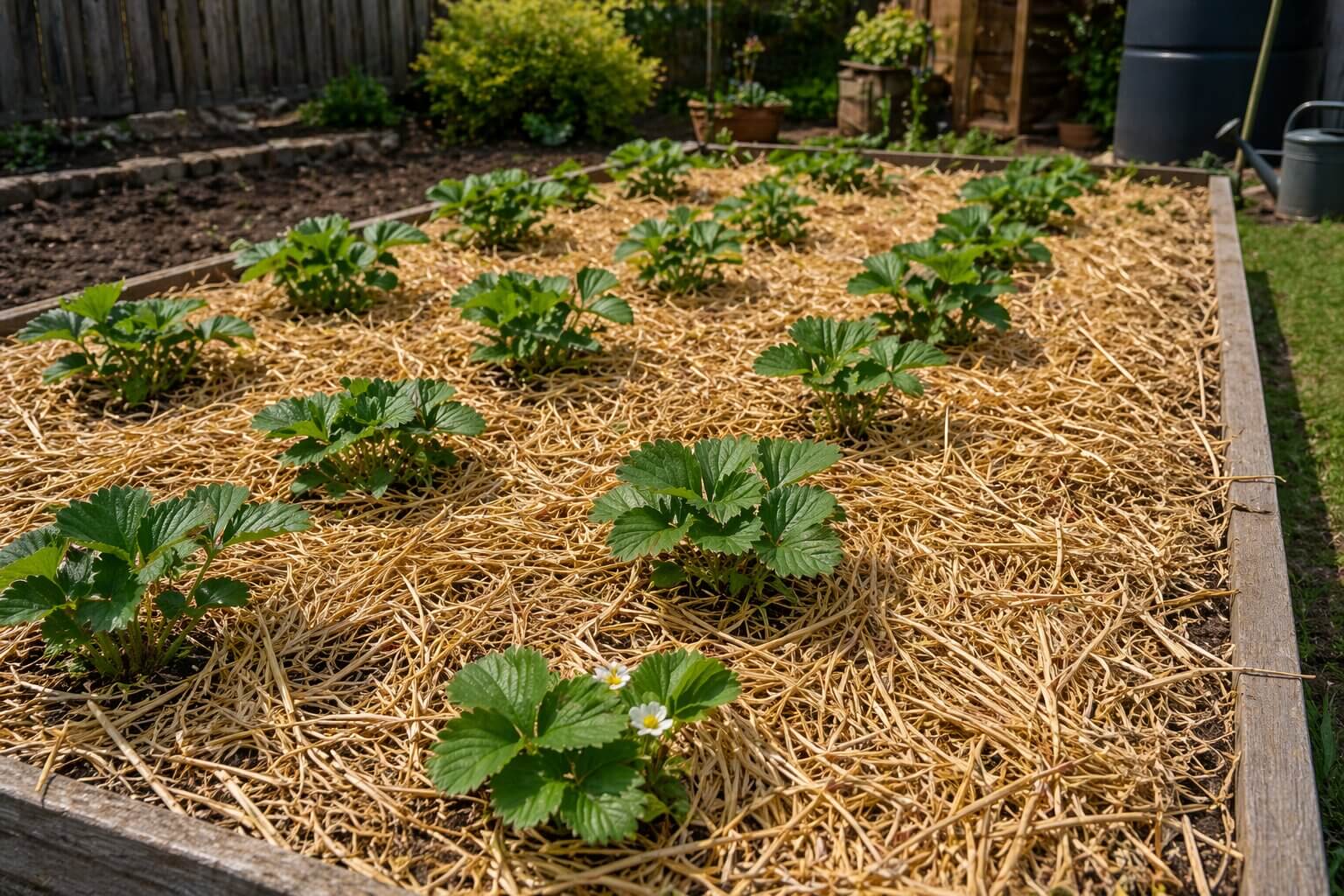 Jahodový záhon po jarní výsadbě mulčovaný slámou